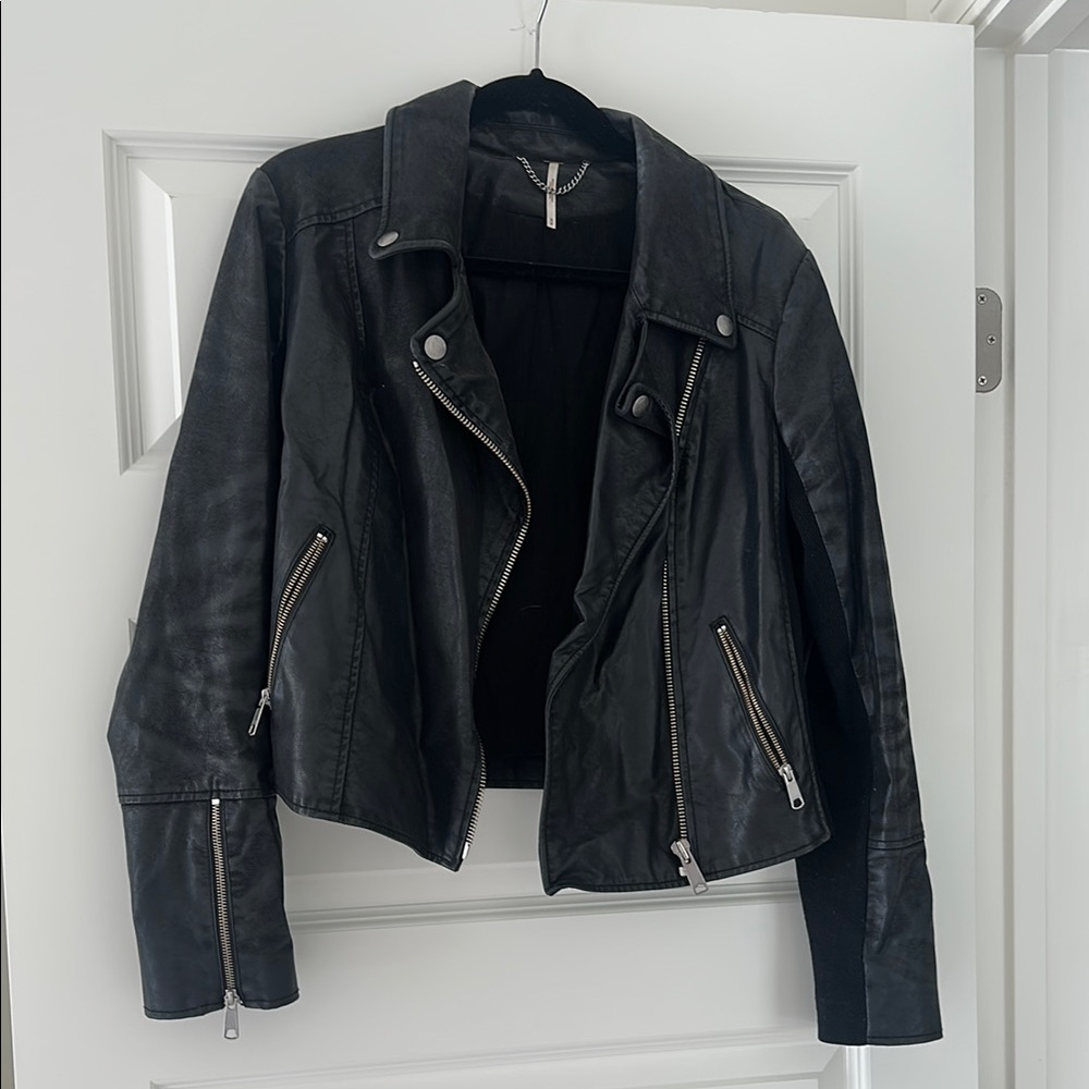 Free People Black Leather Jacket with Silver Details